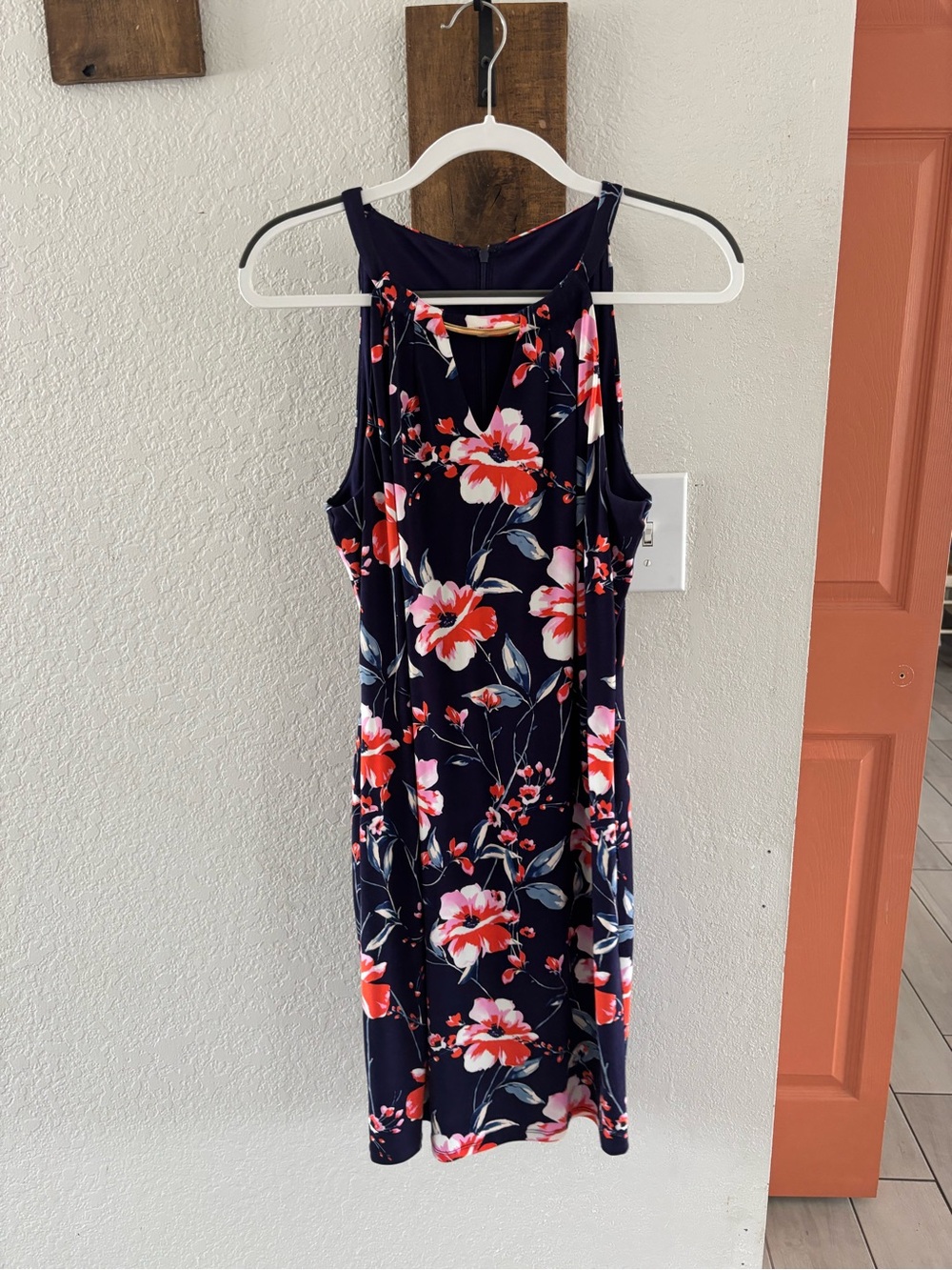 Ivanka Trump Navy Floral Midi Dress with Pink & Red Blooms